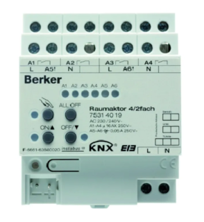 Berker Raumaktor 4/2fach 16 A Schließer, Ha Status, REG instabus KNX/EIB lichtgrau