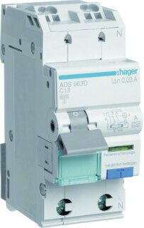 Hager FI/LS-Schalter 1P+N 6kA C-13A 30mA ADS963D